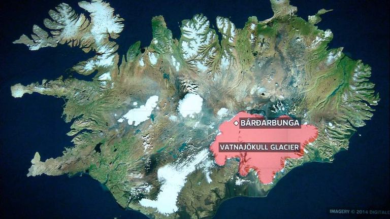 A map showing the location of the Bardarbunga volcano in Iceland