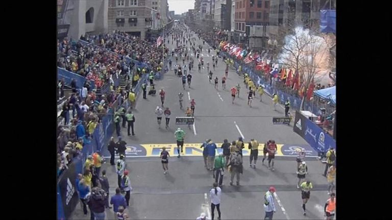 Street cctv of moment bombs went off at Boston marathon 15 April 2013