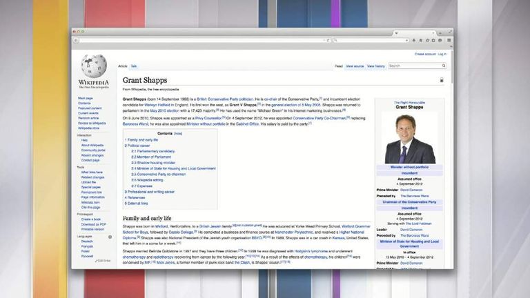 The Wikipedia page for Conservative Party Chairman Grant Shapps