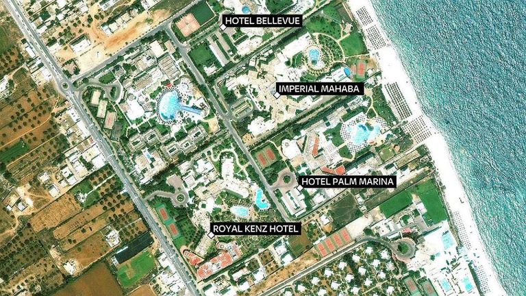 Map of gun attacks on tourist hotels in Sousse, Tunisia