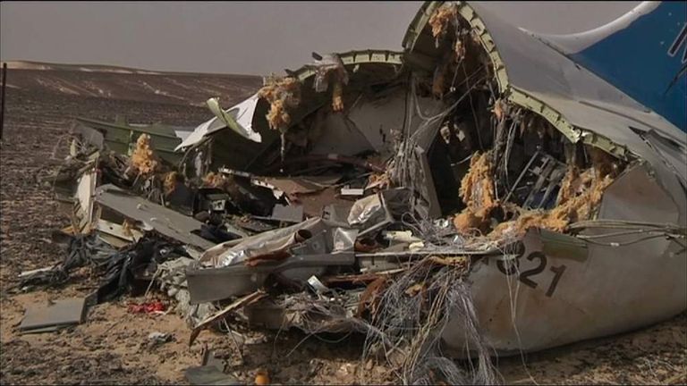 Part of the wreckage of the Metrojet plane that crashed in Egypt.