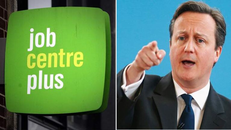 Composite image showing Job Centre Plus and Prime Minister David Cameron