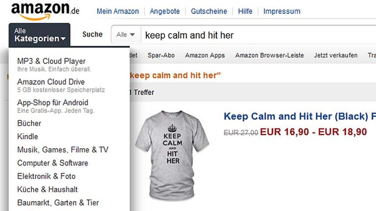 Keep Calm and Hit Her t shirts on Amazon in Germany