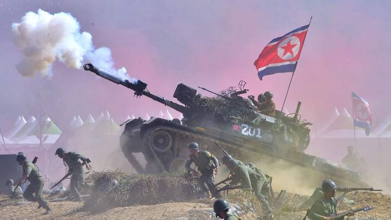 South Korean soldiers re-enact the 1950 Battle of Nakdong