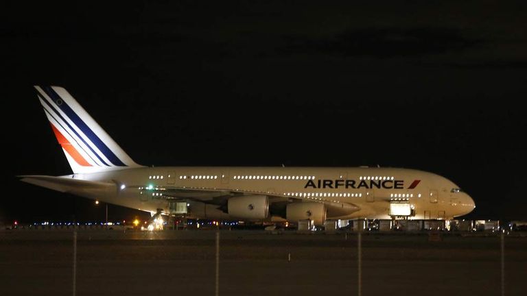 Air France Flight 65 sits on the runway at Salt Lake City International Airport