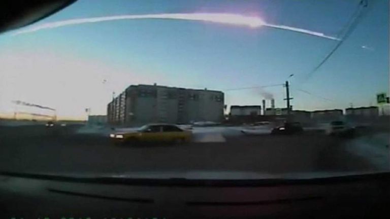 This video grab from YouTube footage shows a meteor streaking across the sky in the Chelyabinsk region of central Russia.