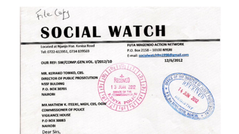 Social Watch document relating to Agnes Wanjiru-Wanjiku death.