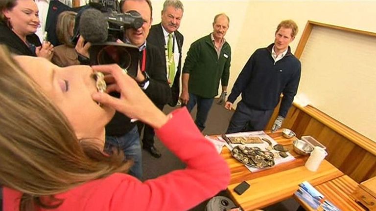 Sky's Rhiannon Mills takes Prince Harry oyster challenge