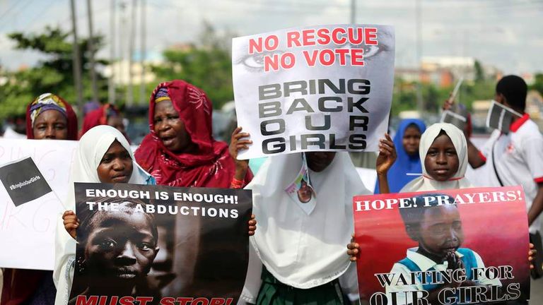 Schoolgirls take part in a protest demanding the release of abducted secondary school girls from the remote village of Chibok, in Lagos