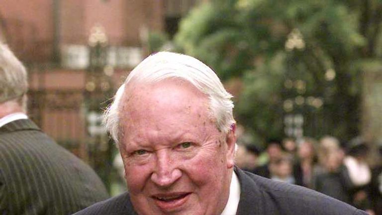 Sir Edward Heath arrives for the start of the Viscount Whitelaw Memorial service at Carlisle Cathedral in 1999.