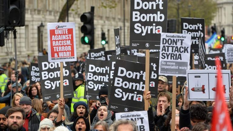Protesters at Whitehall in London, during a demonstration organised by Stop the War Coalition against proposed bombing of the Islamic State in Syria.