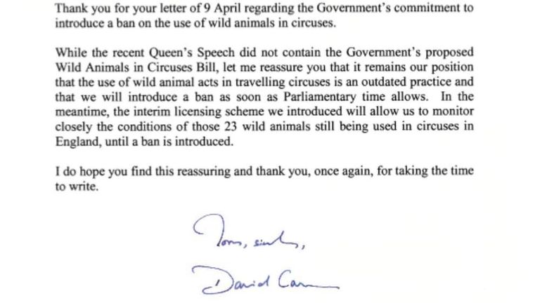 A letter from David Cameron with a promise to Animal Defenders International