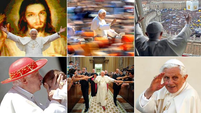 Pope Benedict XVI greets youth in front of huge Jesus portrait in Krakow