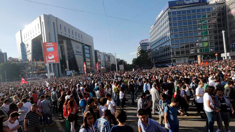 Protesters occupy main Kizilay Square during a protest against Turkey's PM Erdogan and his ruling AKP in central Ankara