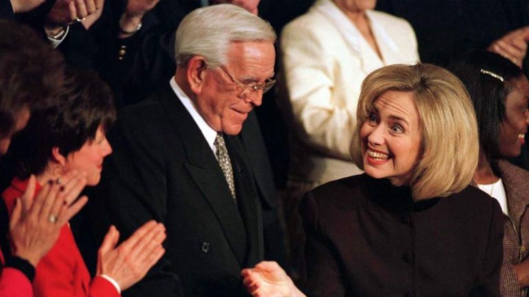 Rev Robert H Schuller seated next to then-first lady Hillary Clinton at 1997 State of the Union Address