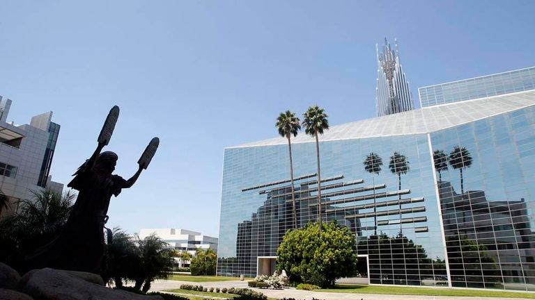 View of statue of Moses on the grounds of the Crystal Cathedral in Garden Grove, California