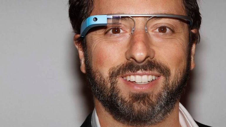 Google founder Sergey Brin wears Google Glass glasses
