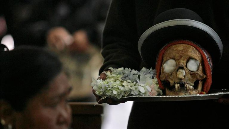 A skull is seen during a Dia de los natitas ("Day of the Skulls") ceremon