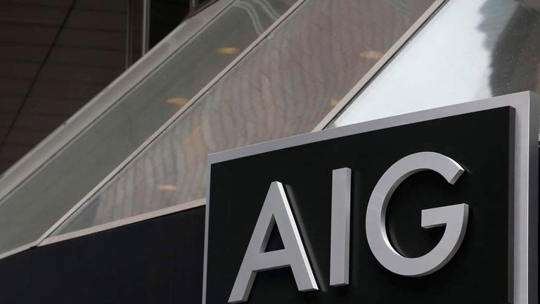 A new sign is displayed over the entrance to the AIG headquarters offices in New York&#39;s financial district
