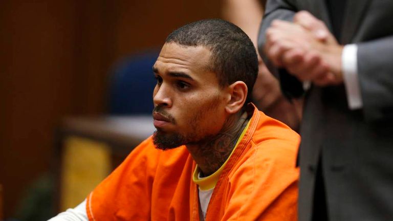 R&B singer Chris Brown, who pleaded guilty to assaulting his girlfriend Rihanna, appears in court in Los Angeles