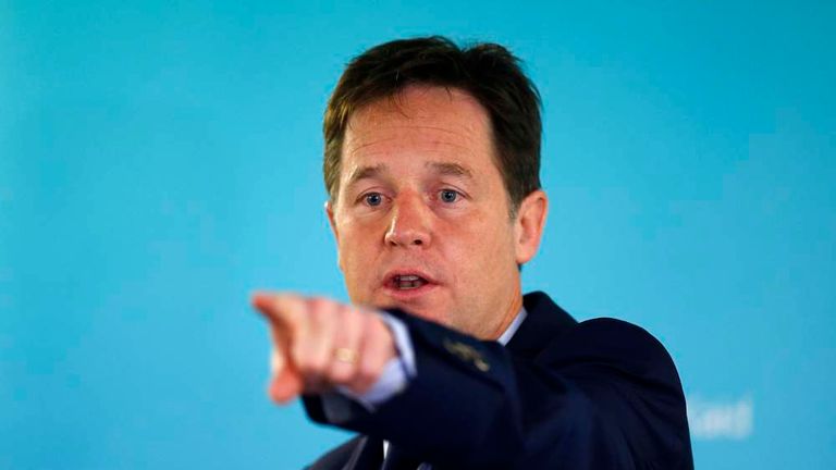 Britain's Deputy Prime Minister and leader of the Liberal Democrats, Nick Clegg, points during a question and answer session after delivering a speech on international development, in London