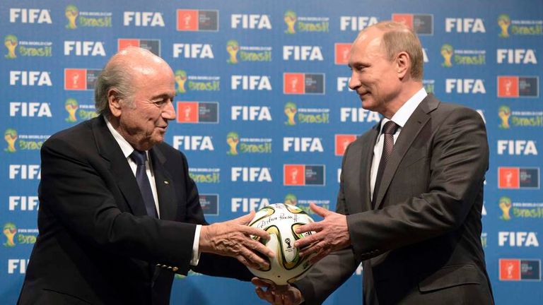 Russian President Putin and FIFA President Blatter take part in the official hand over ceremony for the 2018 World Cup, in Rio de Janeiro