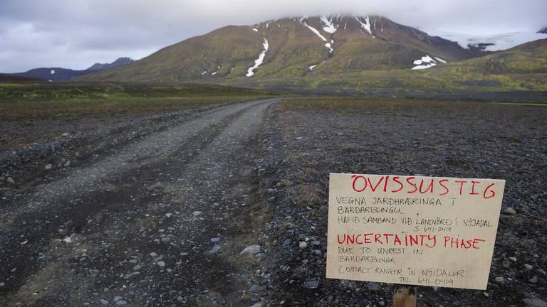 Warning sign blocks the road to Bardarbunga volcano in the north-west region of Vatnajokull glacier.