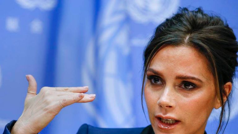 Victoria Beckham speaks during a news conference at the U.N. headquarters in New York