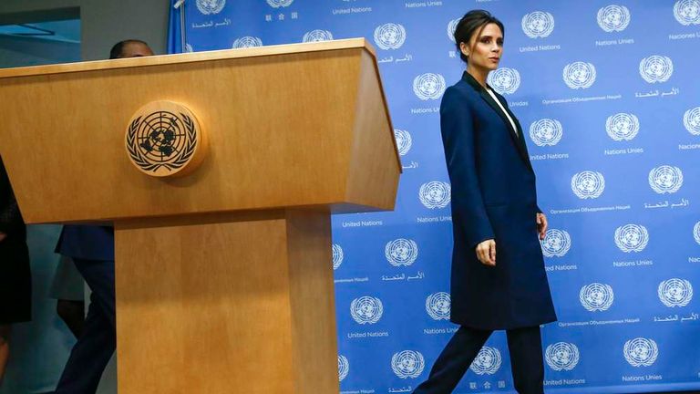 Victoria Beckham arrives to a news conference at the U.N. headquarters in New York