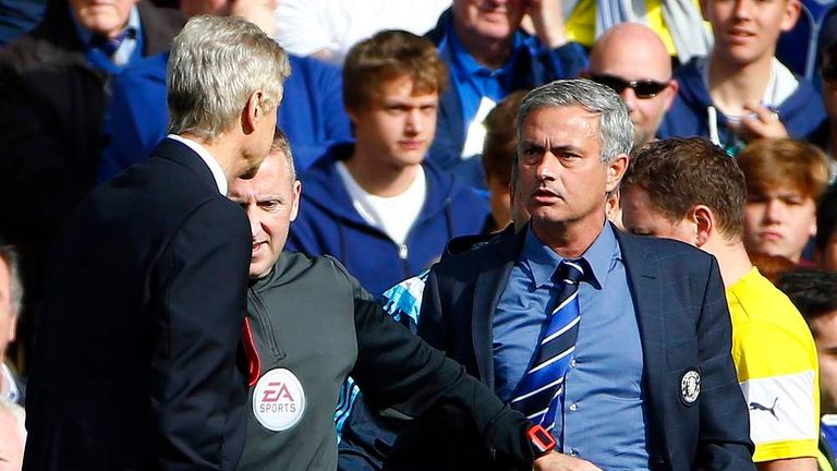 Chelsea manager Mourinho and his Arsenal counterpart Wenger react during their English Premier League soccer match at Stamford Bridge in London.