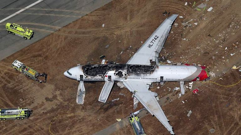 An Asiana Airlines Boeing 777 after a crash landing in San Fransisco