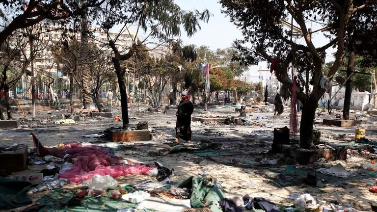 A view of the debris after the clearing of a protest camp outside the burnt Rabaa Adawiya mosque in Cairo