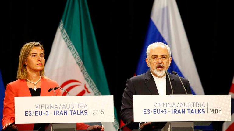 Iranian FM Zarif addresses during a joint news conference with High Representative of the European Union for Foreign Affairs and Security Policy Mogherini after a plenary session at the United Nations building in Vienna