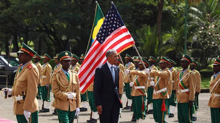 US President Barack Obama at a welcome ceremony in Addis Ababa, Ethiopia
