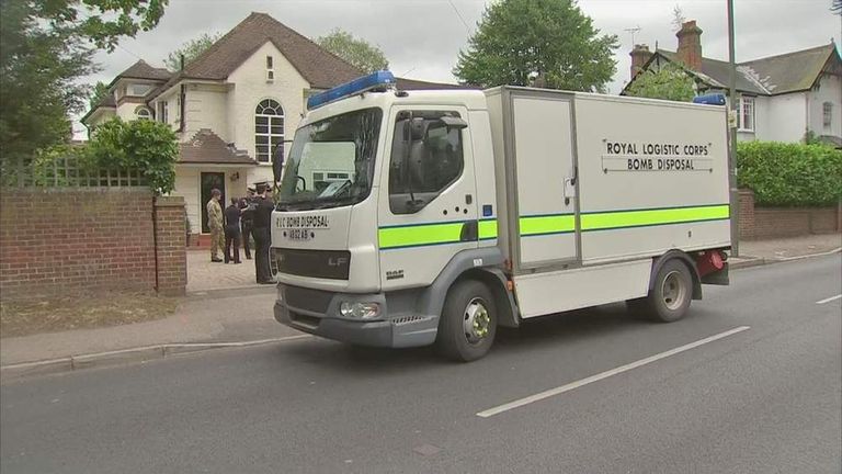 Army bomb disposal truck near the al Hili family home in Claygate, Surrey