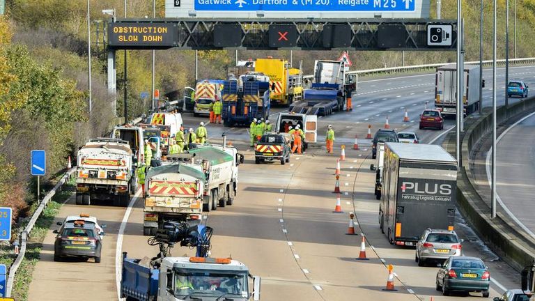 M25 Reopens After 1ft-Deep Pothole Chaos | UK News | Sky News