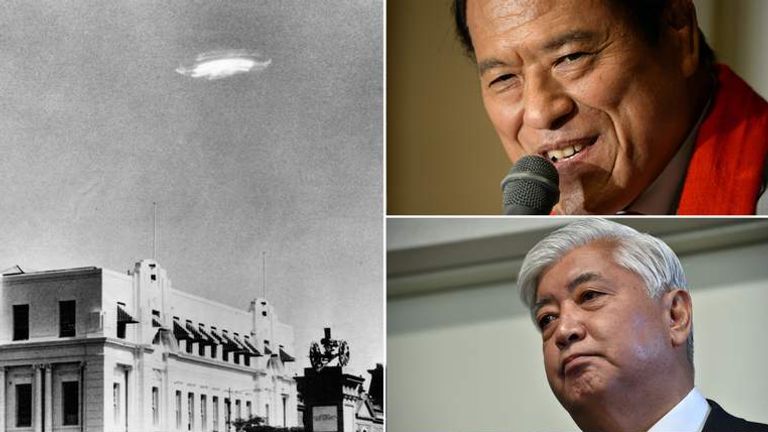 Antonio Inoki (top R) asked General Nakatani (bottom R) about UFOs