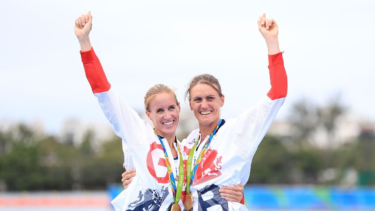 Great Britain&#39;s Helen Glover (left) and Heather Stanning (right) celebrate winning gold in the Women&#39;s Pair Final