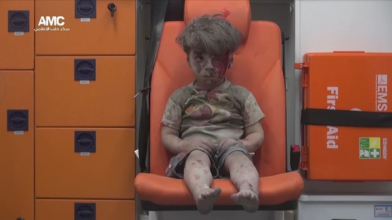 Omran Daqneesh, a Syrian child injured in an airstrike in Aleppo