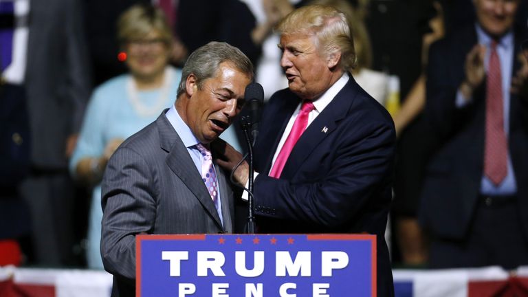 Nigel Farage on stage with Donald Trump at a campaign rally in Mississippi 