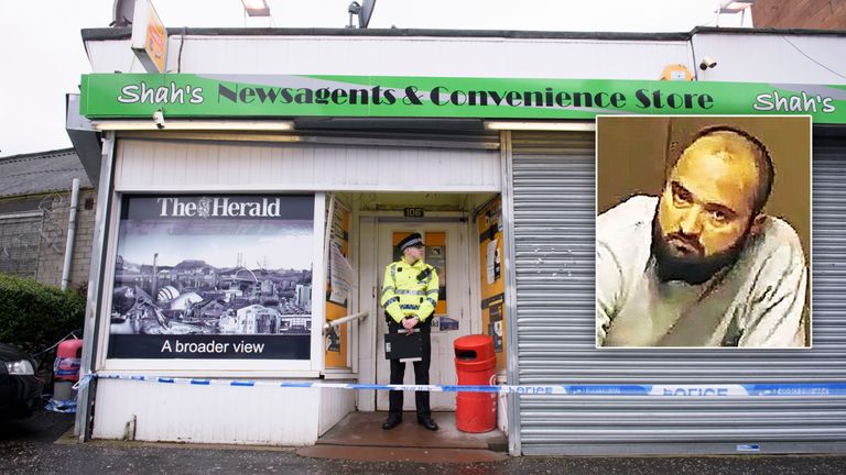 Taxi driver Tanveer Ahmed (inset) murdered Asad Shah at his Glasgow shop (pictured) 