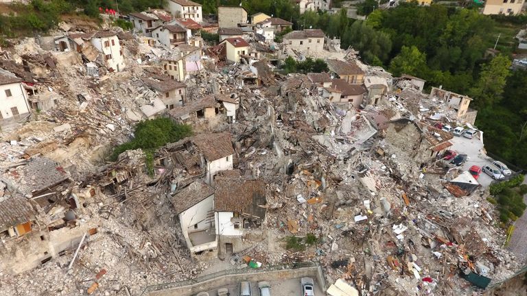A drone photo shows the damages following an earthquake in Pescara del Tronto, central Italy