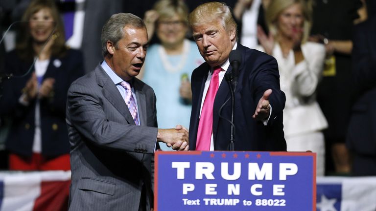 Republican Presidential nominee Donald Trump, right, invites United Kingdom Independence Party leader Nigel Farage to speak during a campaign rally