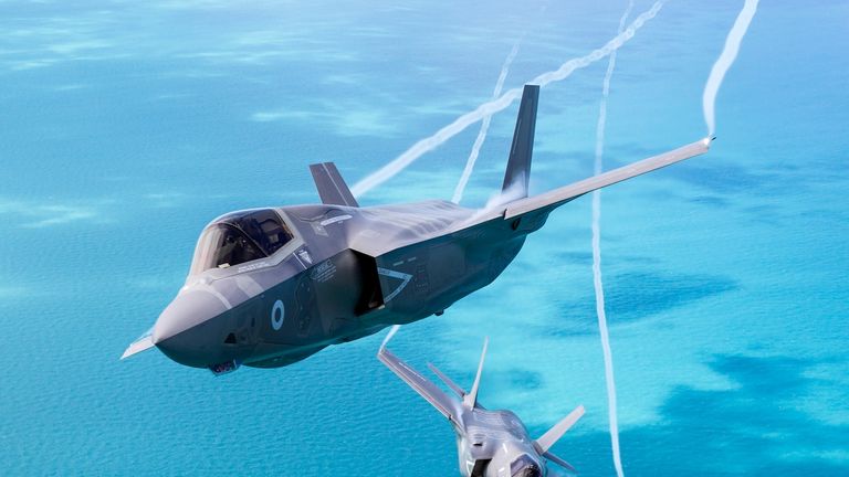 A pair of F-35B Lighting IIs take their first flight over the UK