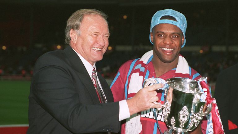 Aston Villa manager Ron Atkinson and striker Dalian Atkinson celebrate with the trophy  