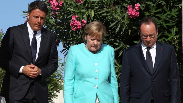 Francois Hollande, Angela Merkel and Matteo Renzi arrive for talks