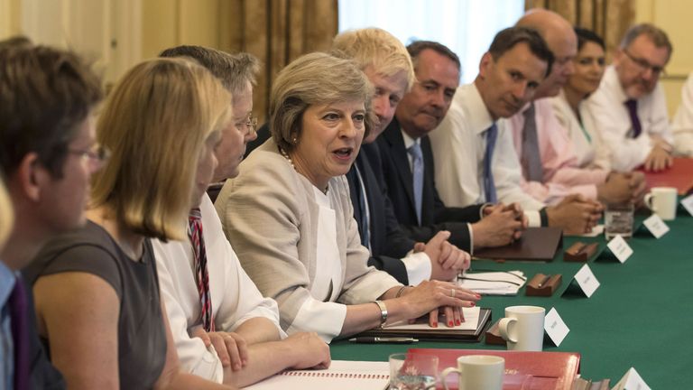 File pic of Theresa May holding the first Cabinet meeting of her new government 