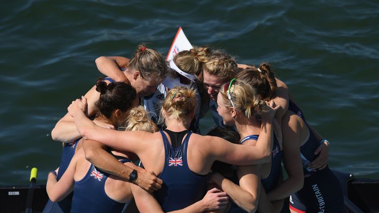 Team Great Britain celebrates winning the silver medals in the Women&#39;s Eight