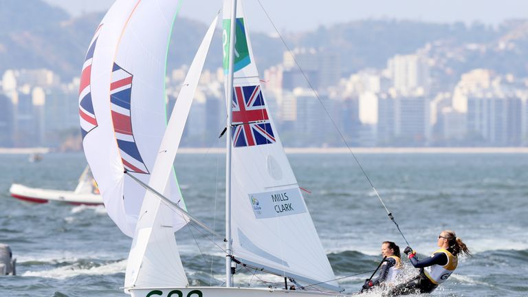 Great Britain's Hannah Mills and Saskia Clark in action during the women's 470 class at the Rio Olympic Games