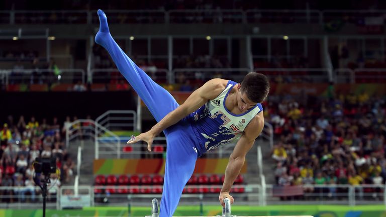 Great Britain's Max Whitlock on his way to winning gold on the pommel horse 